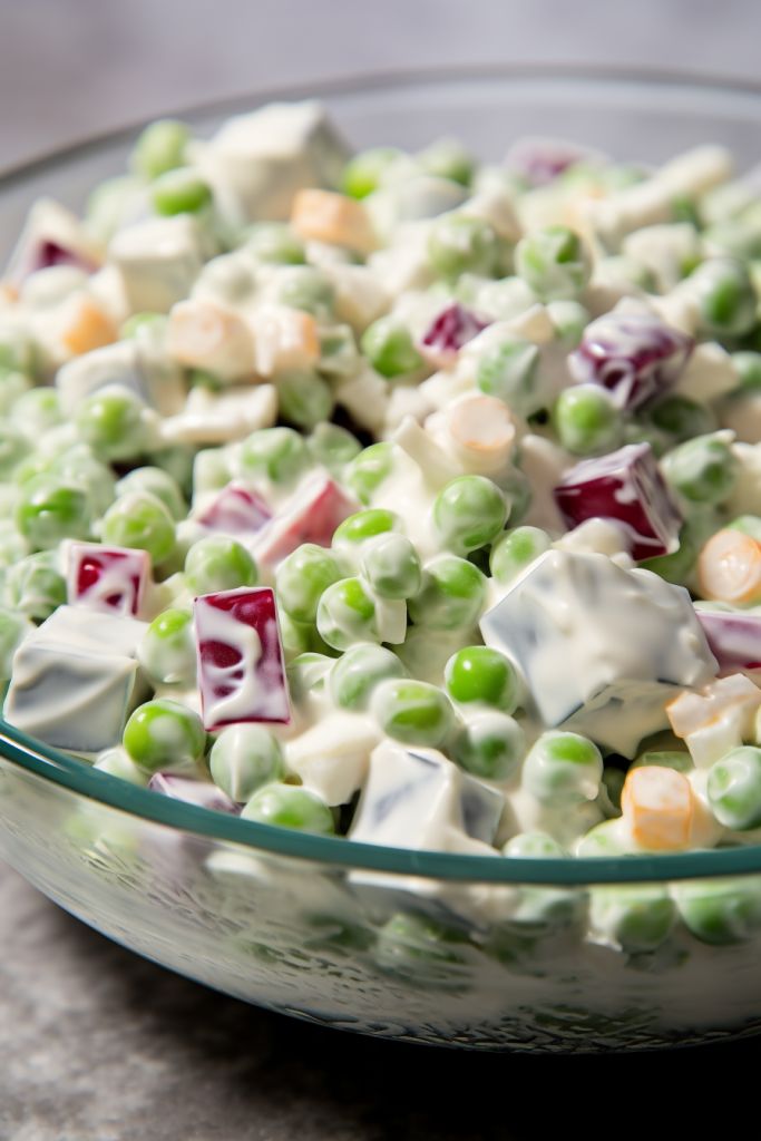 a glass bowl filled with peas and candy