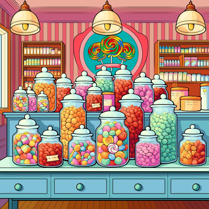 the candy shop is filled with lots of colorful candies