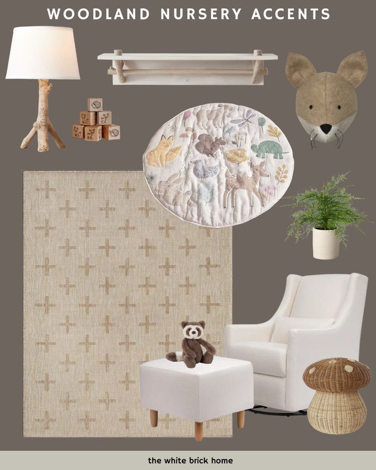 Woodland nursery theme, woodland nursery boy, woodland nursery girl, woodland nursery decor, woodland nursery ideas, woodland nursery art, woodland nursery mural, woodland nursery decor, nursery decor, nursery accents, gender neutral nursery ideas Nursery Ideas Woodland, Nursery Decoration Ideas, Woodland Nursery Ideas, Nursery Color, Nursery Rocking Chair, Nursery Color Scheme, Chair Nursery, Boys Rug, Nursery Accents