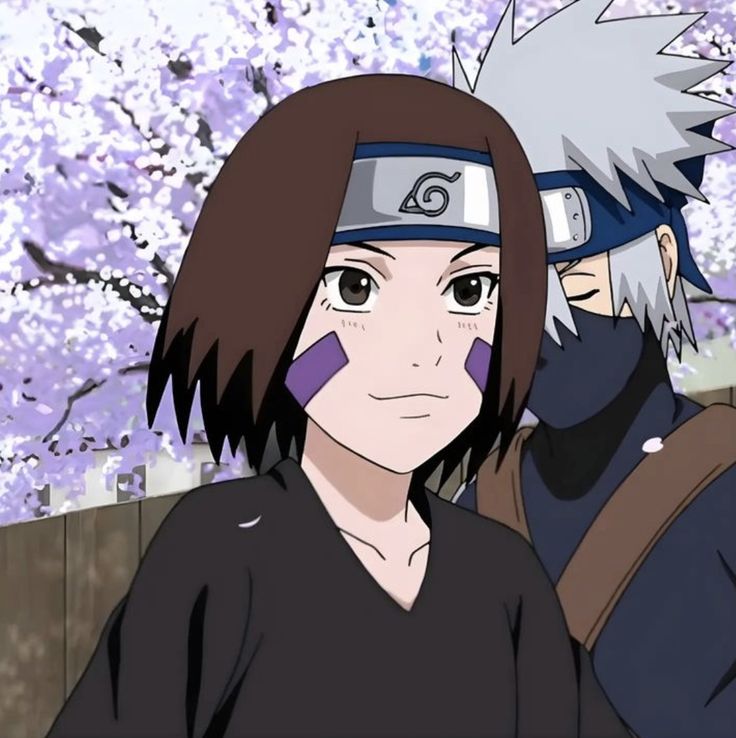 two anime characters standing next to each other in front of trees with purple flowers on them