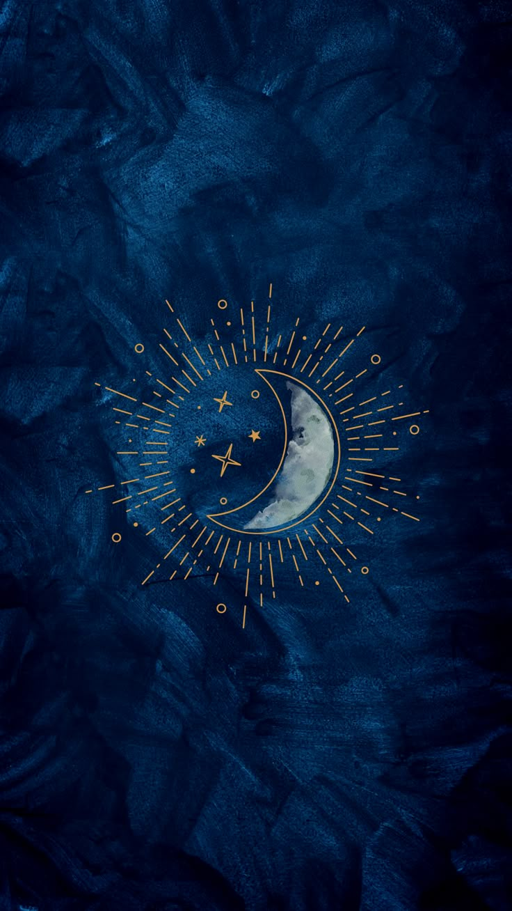 the moon and stars are painted on a dark blue background with gold foilwork around it