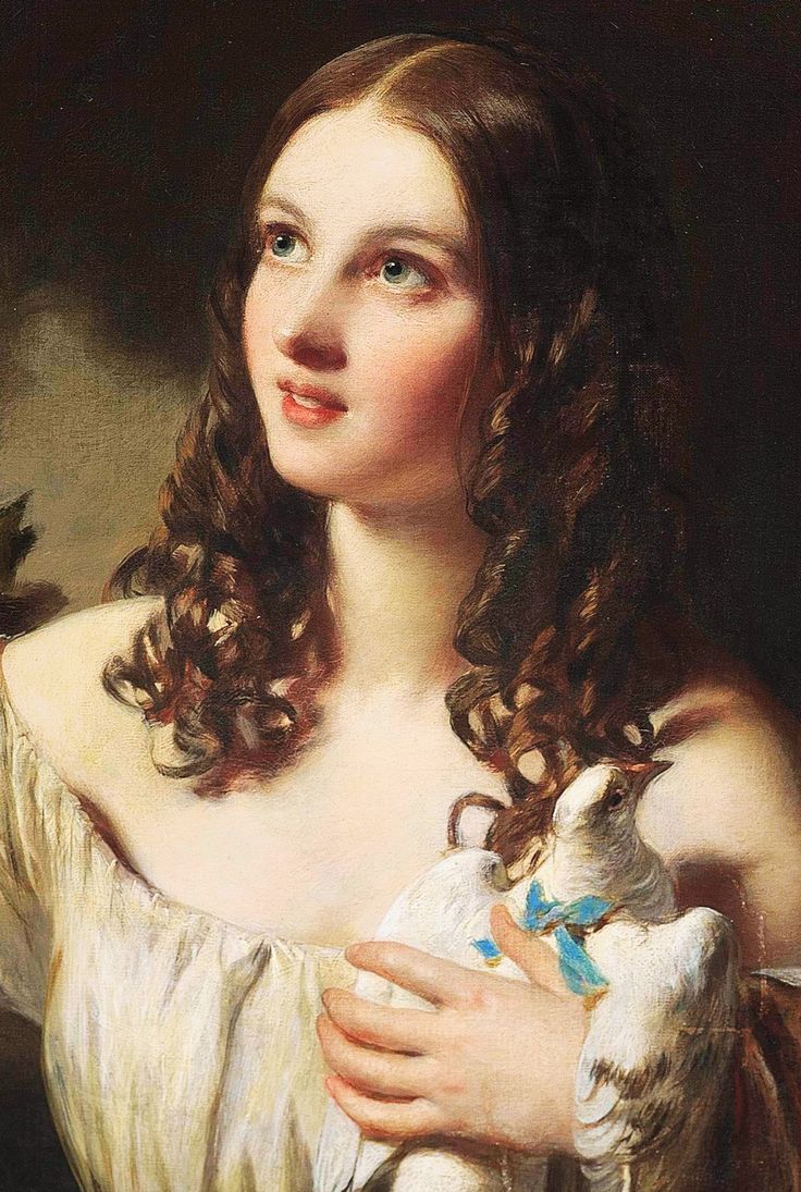 a painting of a woman holding a cat in her right hand and looking off to the side