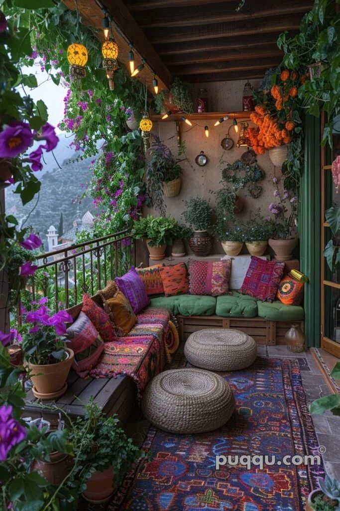 an outdoor patio with potted plants and pillows on the couch, hanging from the ceiling