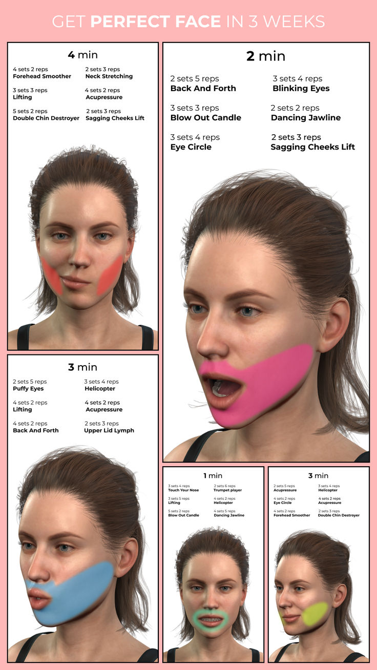 a woman's face is shown with different facial shapes and colors, including pink, blue