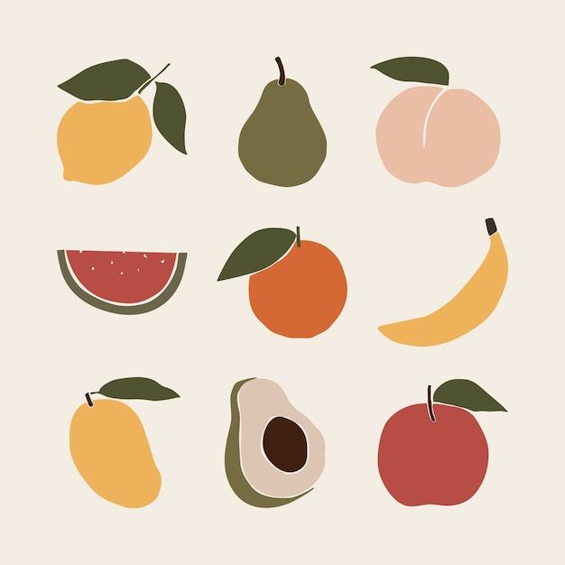 various fruits and vegetables are arranged in a flat style on a white background, including peaches, apples, pears, and avocados