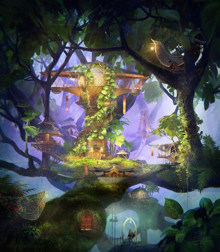 an image of a tree house in the middle of a forest with lots of trees