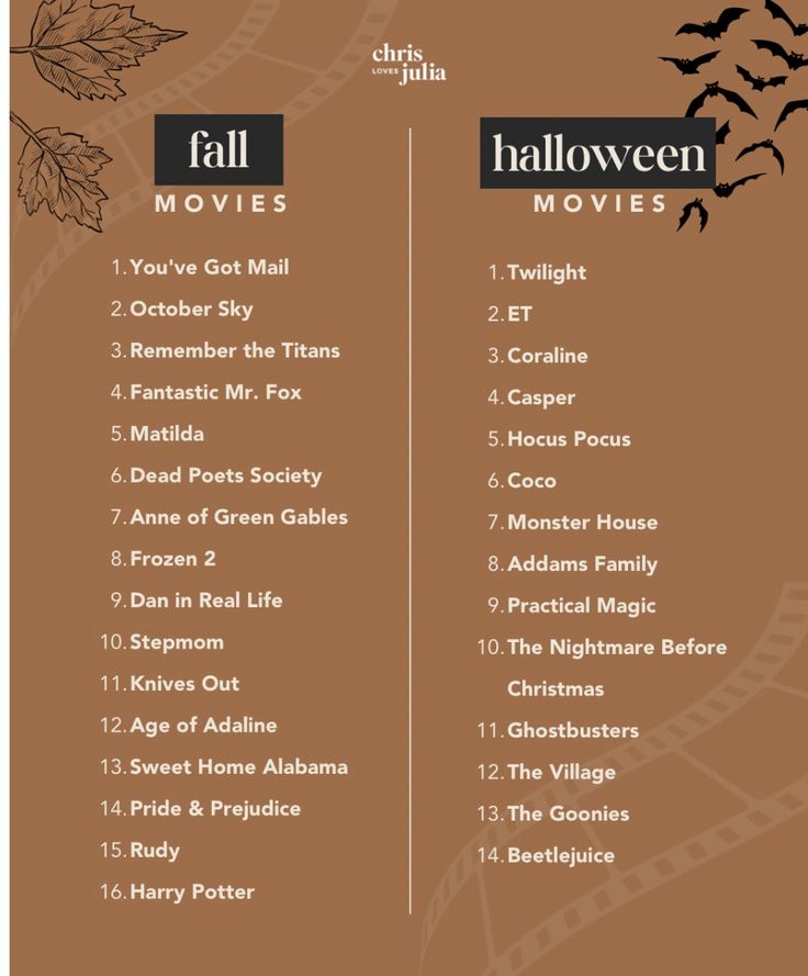 the halloween movies list is shown in brown and black colors, with bats flying over them