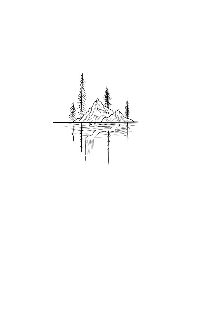 a black and white drawing of mountains with trees