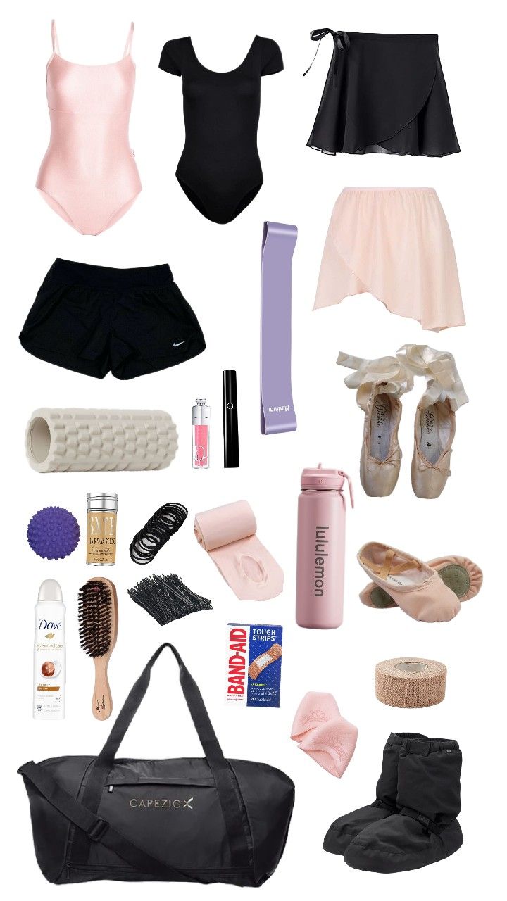 the contents of a woman's ballet outfit laid out on top of each other