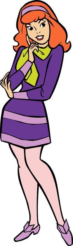 an image of a woman with red hair wearing a purple dress and green scarf on her head