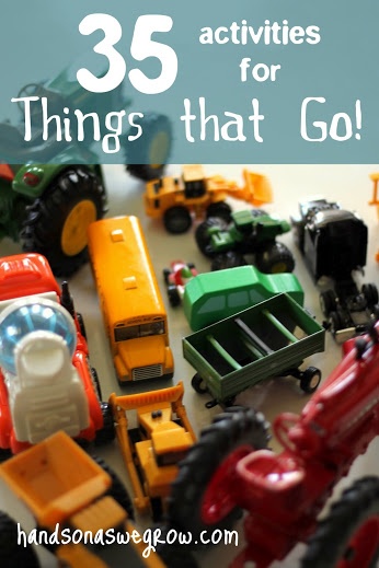 there are many toy trucks and tractors on the table with text overlay that reads 35 activities for things that go