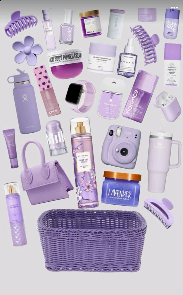 a purple basket filled with lots of different types of cosmetics and personal care items next to each other