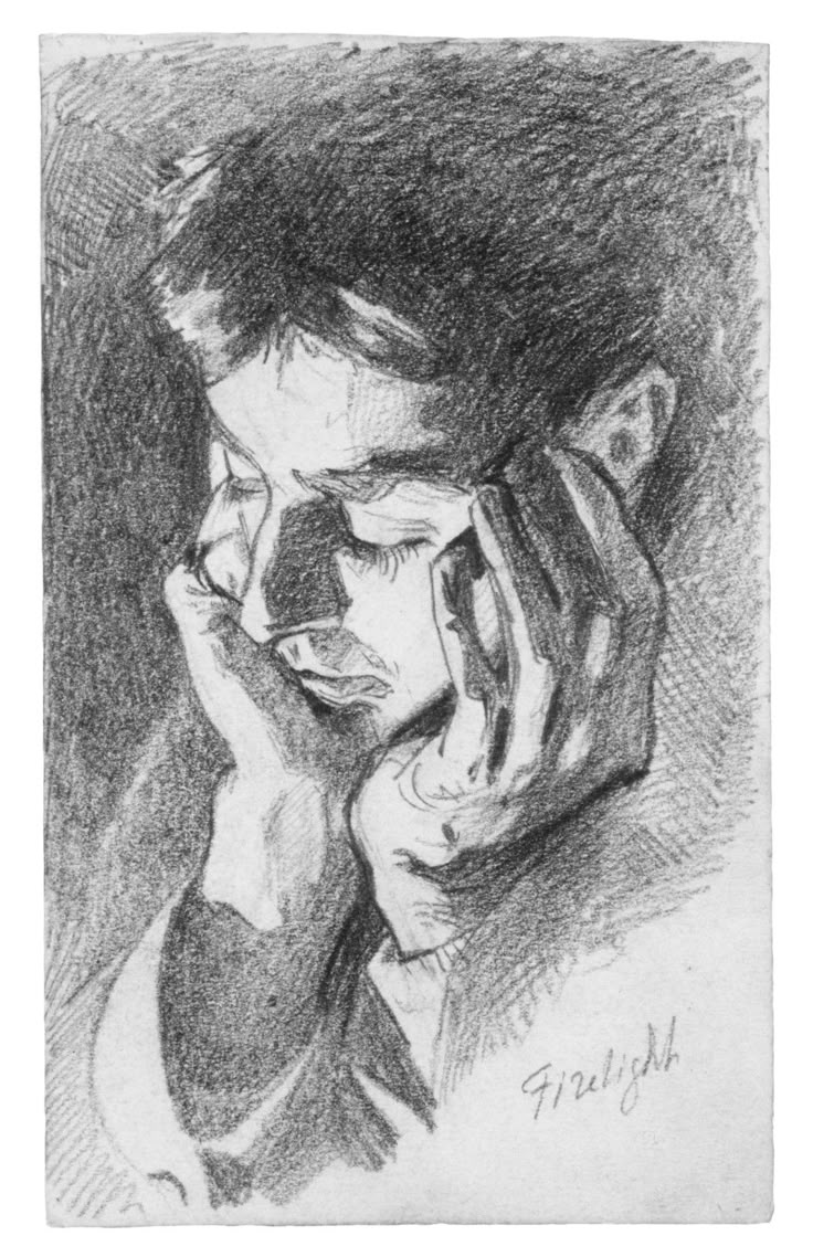 a black and white drawing of a man talking on a cell phone with his hand to his face