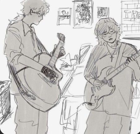 a drawing of two people playing guitars in a room