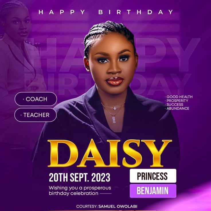 the poster for happy birthday daisy, which features an image of a woman in purple