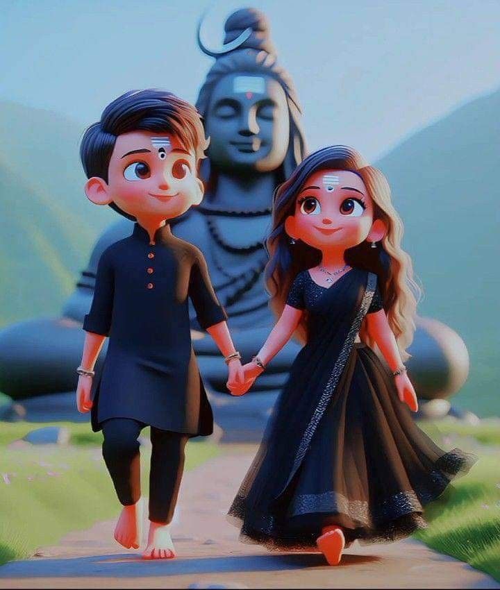 an animated couple holding hands in front of a statue