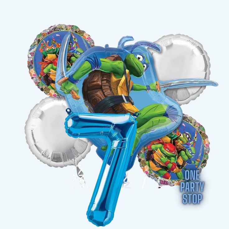 a bunch of balloons that are in the shape of tmnt characters and turtles