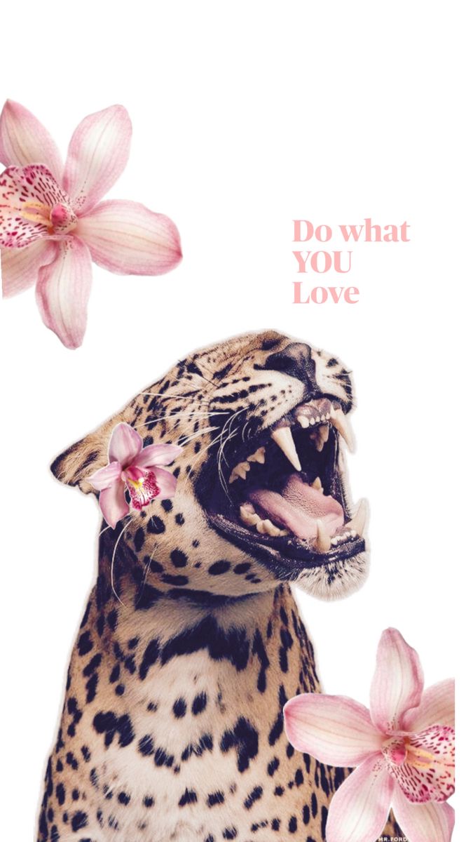 a leopard with its mouth open and flowers in front of it that says, do what you love