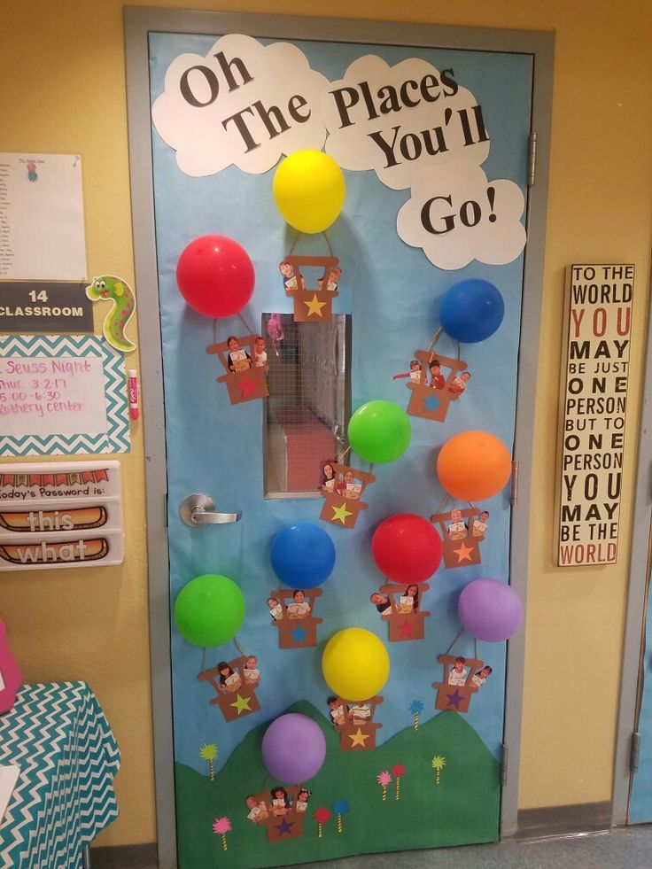 a classroom door decorated with balloons and pictures on the front, saying oh the places you'll go