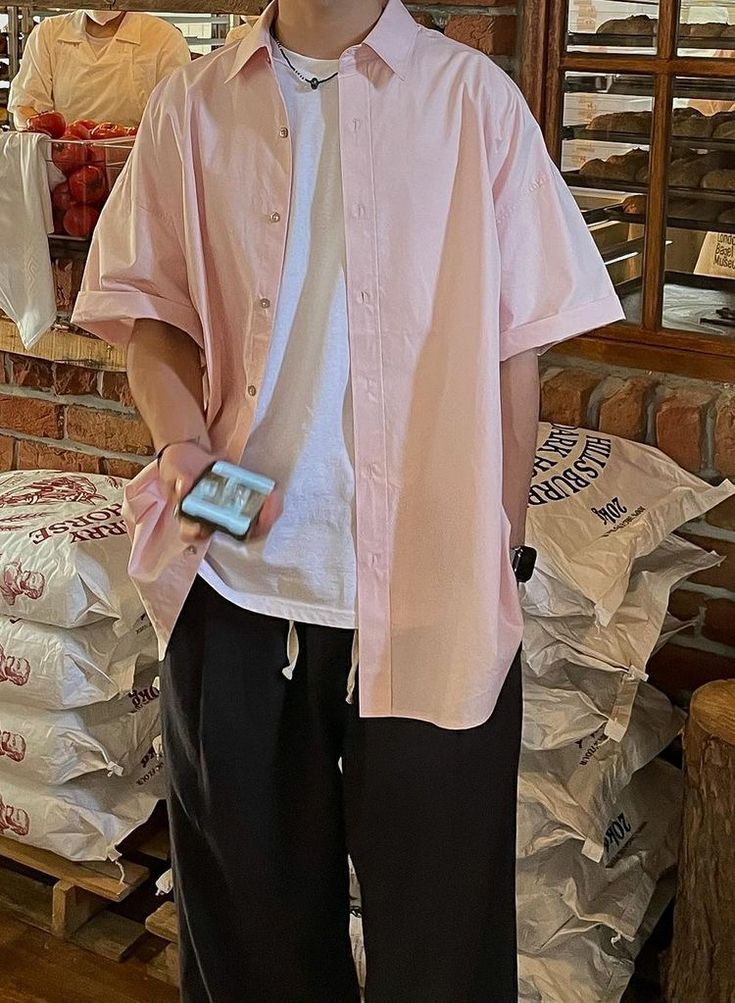 Pink Aesthetic Outfits Men, Pink Button Up Shirt Outfit Men, Coquette Boy Outfit, Pink Button Up Shirt Outfit, Pastel Outfit Men, Gary Prince, Black Pants White Shirt, Coquette Men, Coquette Boy