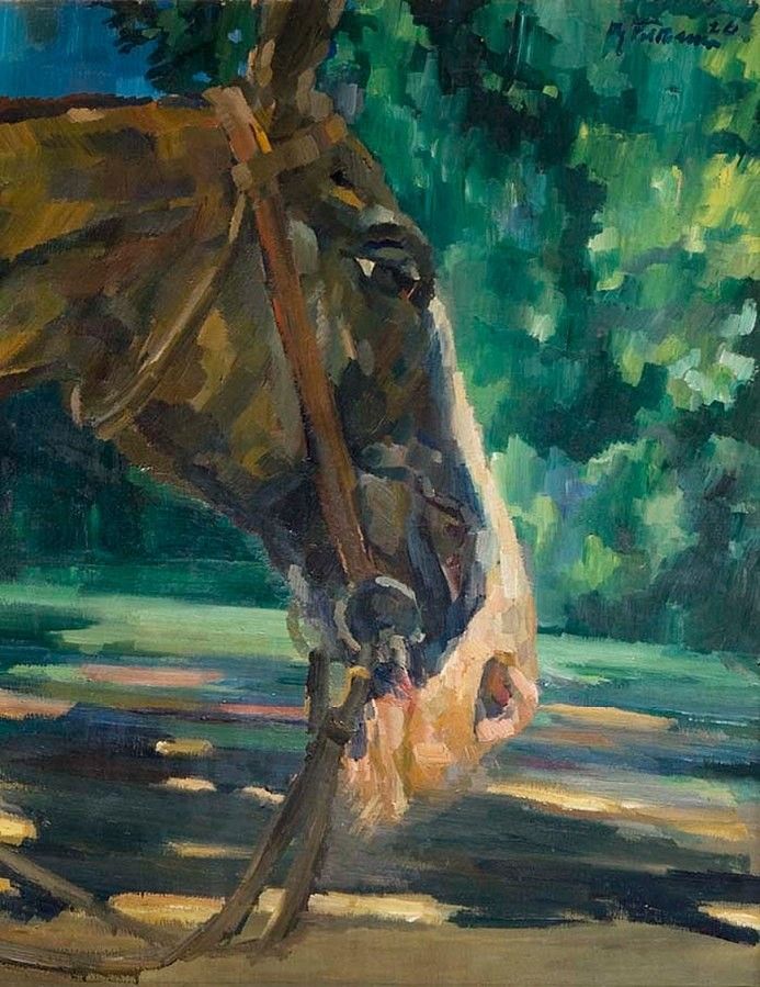 a painting of a horse with a bridle on it's head and trees in the background