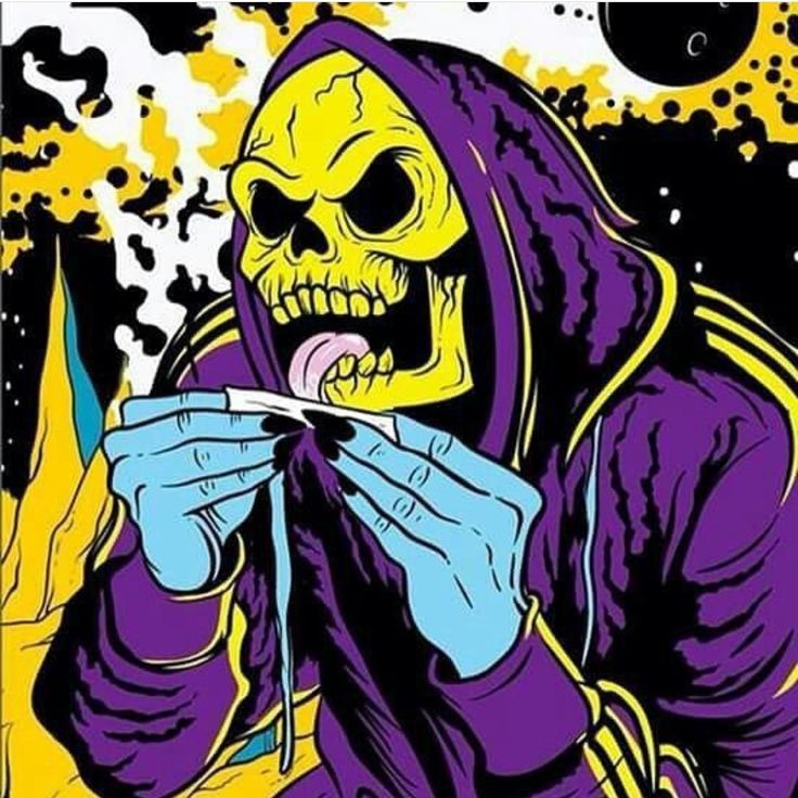 a skeleton eating food from a bowl in front of a yellow and purple background with splatters