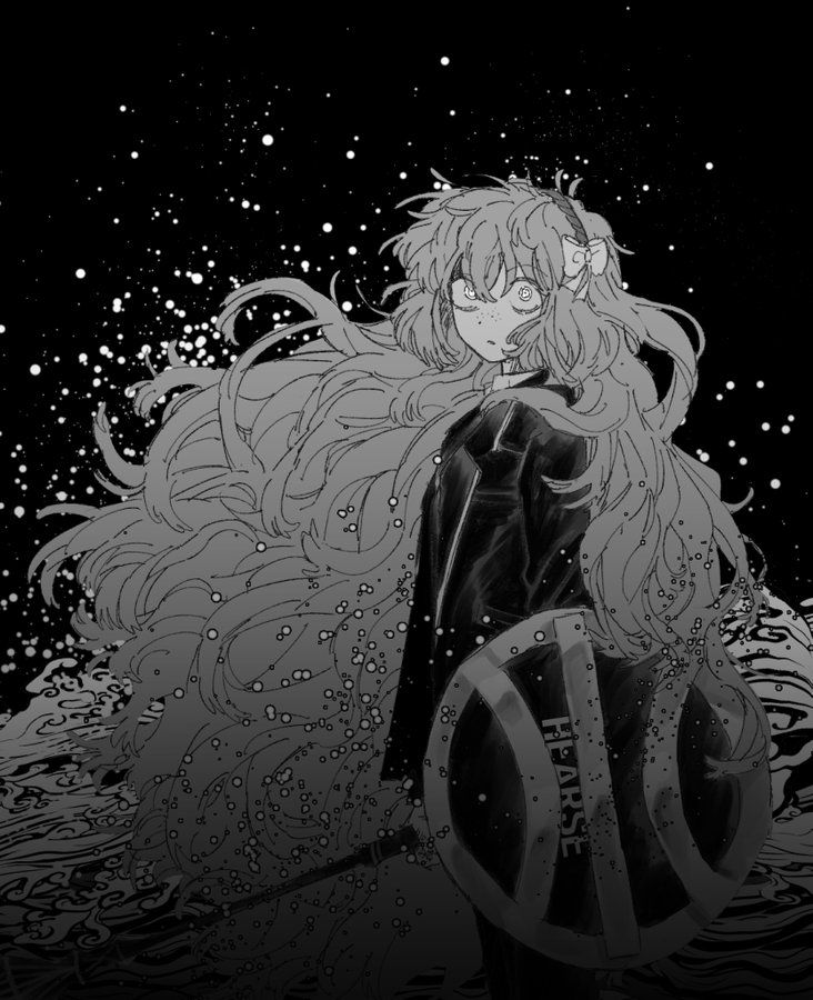 an anime character with long hair standing in the water