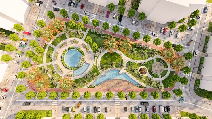 an aerial view of a parking lot with cars parked in it and trees surrounding the area