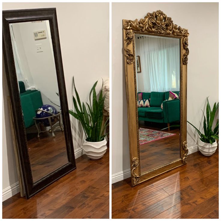 a large mirror sitting on top of a wooden floor next to a green couch and potted plant