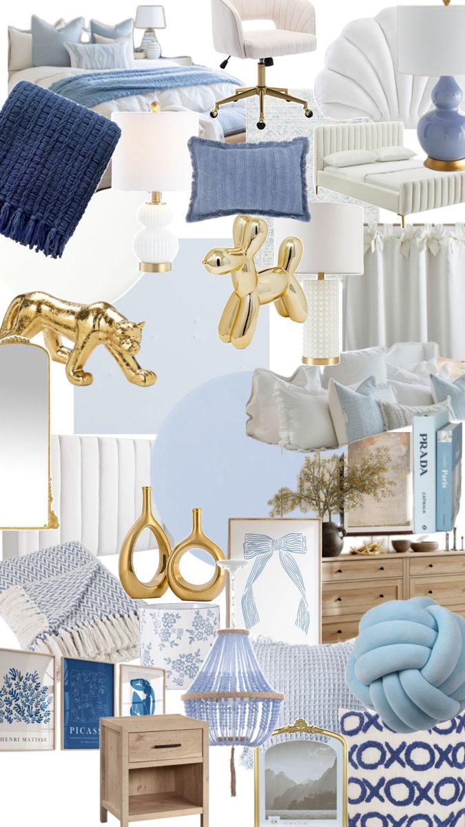 a collage of blue and white items including pillows, blankets, lamps, rugs