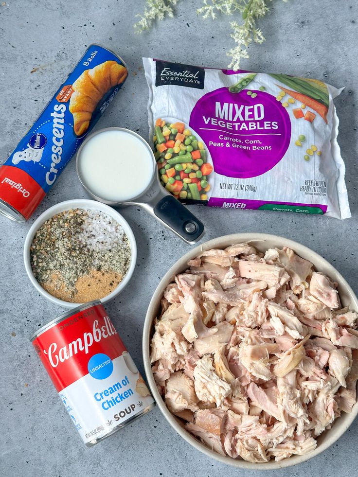 ingredients to make chicken salad laid out on the ground next to it's contents