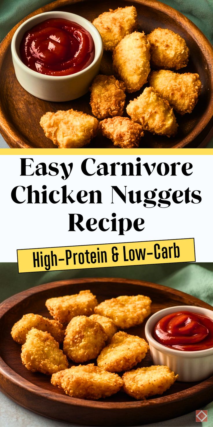 chicken nuggets with ketchup and sauce on a wooden plate in front of the words easy carnivor chicken nuggies recipe high - protein 8 low - carb