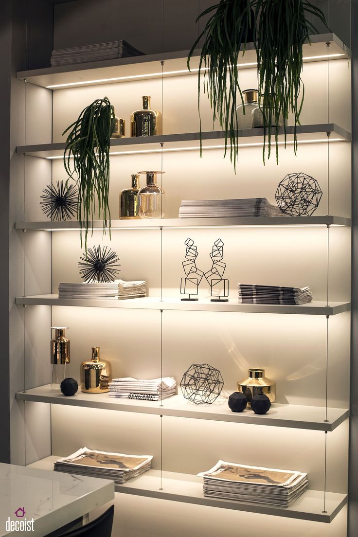 the shelves are filled with decorative items and plants on display in front of white lighting