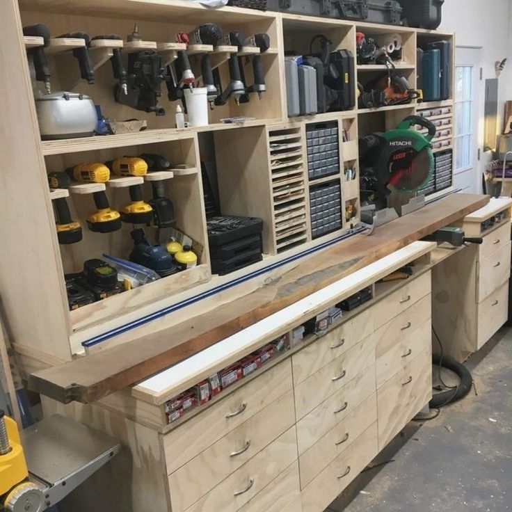 a workbench with lots of tools on it and shelves full of different items