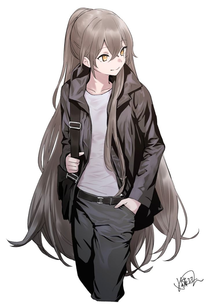 an anime character with long hair wearing a black jacket and grey pants, standing in front of