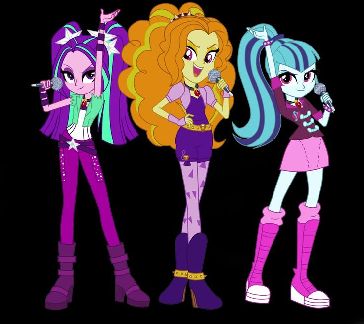 three cartoon girls standing next to each other in front of a black background and one girl with