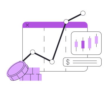 a purple and white line graph on top of a stack of coins next to an upward bar chart