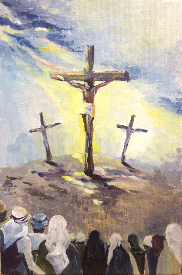 a painting of jesus on the cross with many people