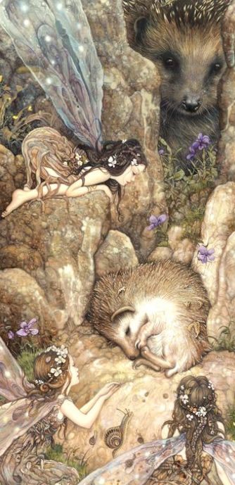 a hedgehog is surrounded by fairy like creatures