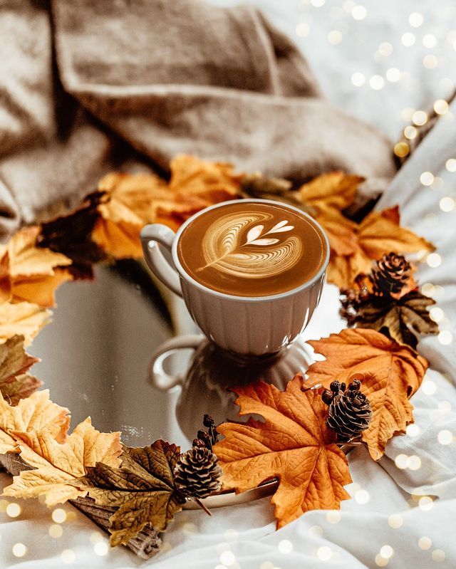 a cup of coffee sitting on top of a table next to autumn leaves and pine cones