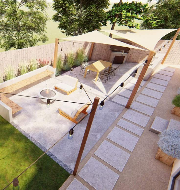 an artist's rendering of a backyard with patio furniture and outdoor dining area in the background