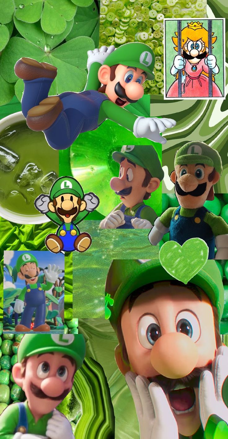 mario and luigi are in the middle of shamrocks with green leaves on them, as well as pictures of other characters