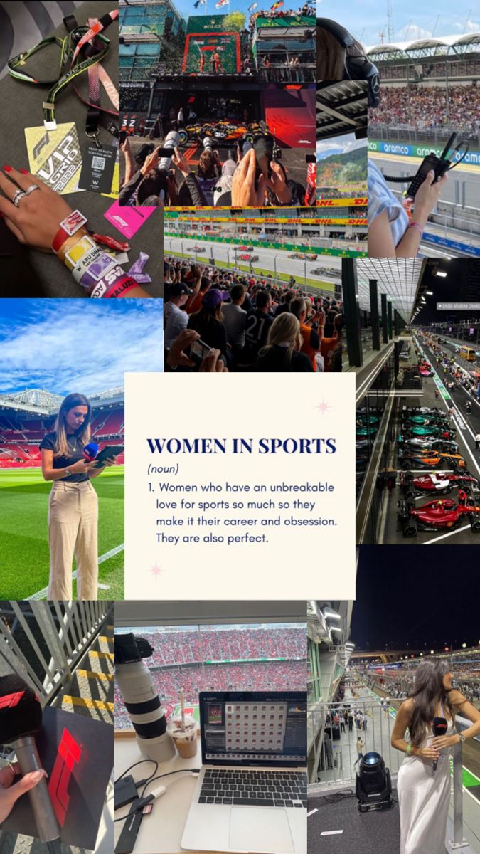 women in sports collage with text overlaying the image and people using their cell phones