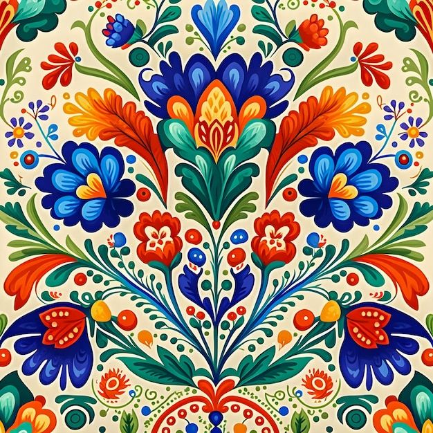 an ornate floral design with blue, orange and red flowers