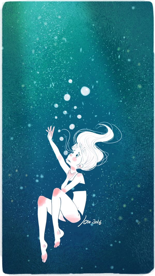 a drawing of a woman floating in the water with bubbles on her head and hands up