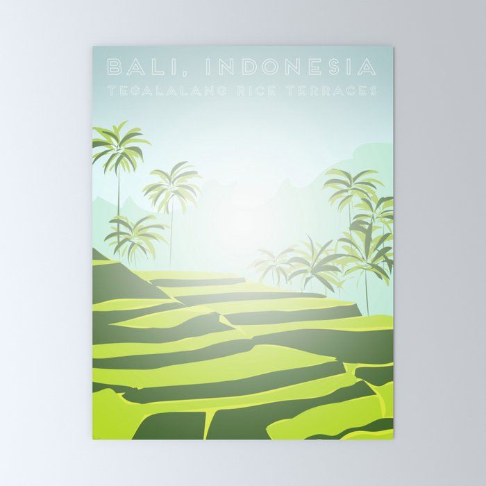 a green and yellow poster with palm trees