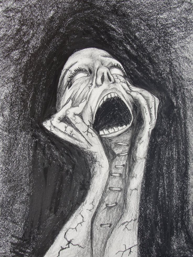 a drawing of a woman screaming with her hands on her face and mouth wide open