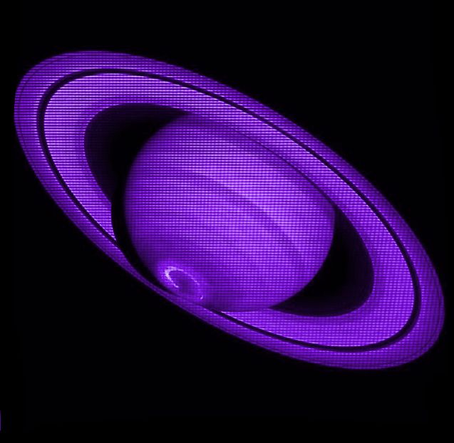 an image of the planet saturn taken from space in purple light with black back ground