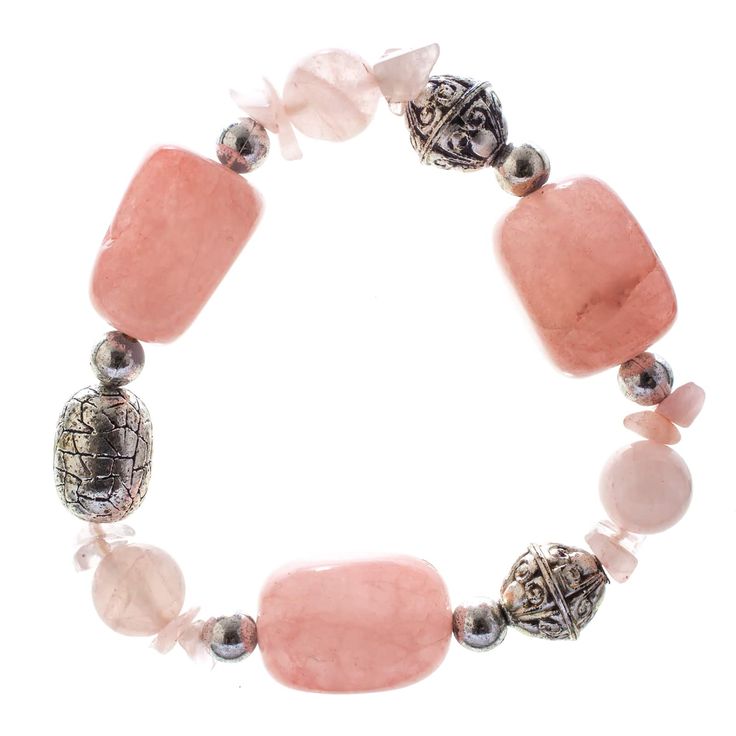 "Find the John Bead Rose Quartz Stretch Bracelet with Silver Filigree Beads at Michaels. com. This handmade bead bracelet, made using a mix of rose quartz and silver filigree beads, will make a fantastic addition to your accessory collection. This handmade bead bracelet, made using a mix of rose quartz and silver filigree beads, will make a fantastic addition to your accessory collection. This charming stretch bracelet uses high-quality elastic, which is sturdy and able to be stretched to fit mo Pink And Silver, Bracelets Handmade Beaded, Silver Bead, Silver Filigree, Bead Designs, Diy Inspiration, Stretch Bracelet, Bead Bracelet, Stretch Bracelets