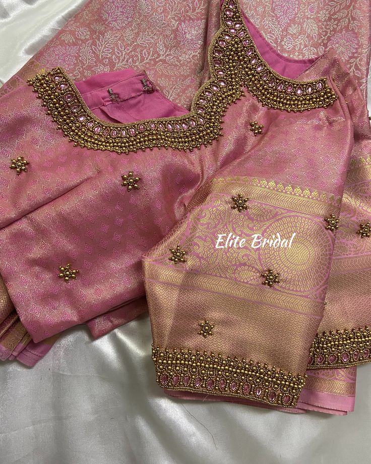 Customised Simple work blouse by elite bridal 💓 Bridal Blouse Designs With Border, Baby Pink Aari Work Blouse Designs, Pink Blouse Embroidery Designs Simple, Simple And Grand Look Blouse Designs, Simple Bead Work Aari Blouse, Aari Work Blouse Grand Design, Arri Work Blouse Designs Wedding, Baby Pink Blouse Designs, Unique Aari Work Blouse Designs